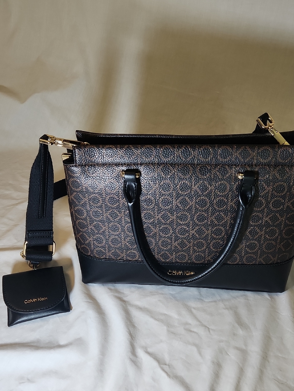 Calvin Klein Brown Monogram Satchel with Black Trim